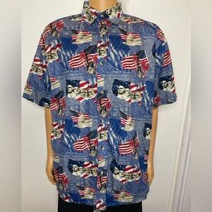 Cotton Traders Sport Mens Size L Dress Shirt USA Flag Patriotic Mt Rushmore